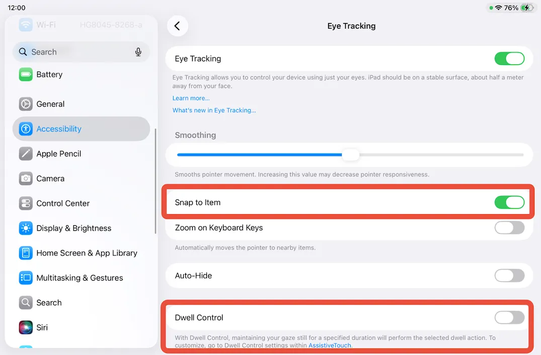 Gaze Tracking settings screen