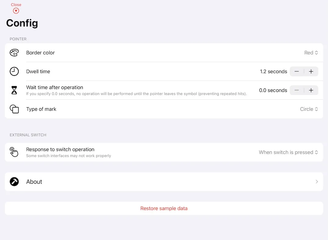 In-app settings screen